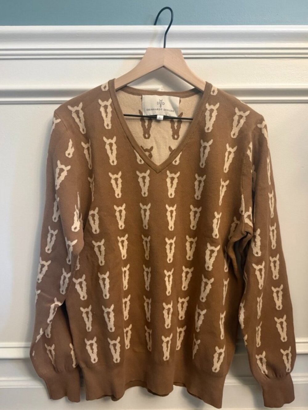 DEINHARDT DESIGNS Varsity Sweater, Saddle/Cream